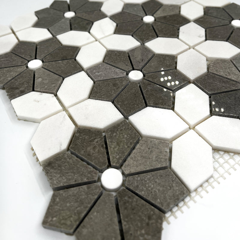 Flower Marble Mosaic White Grey LW27 Polished