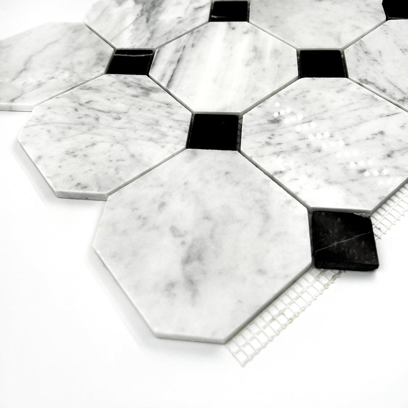 Octagon Marble Mosaic Carrara White Black LW33 Polished